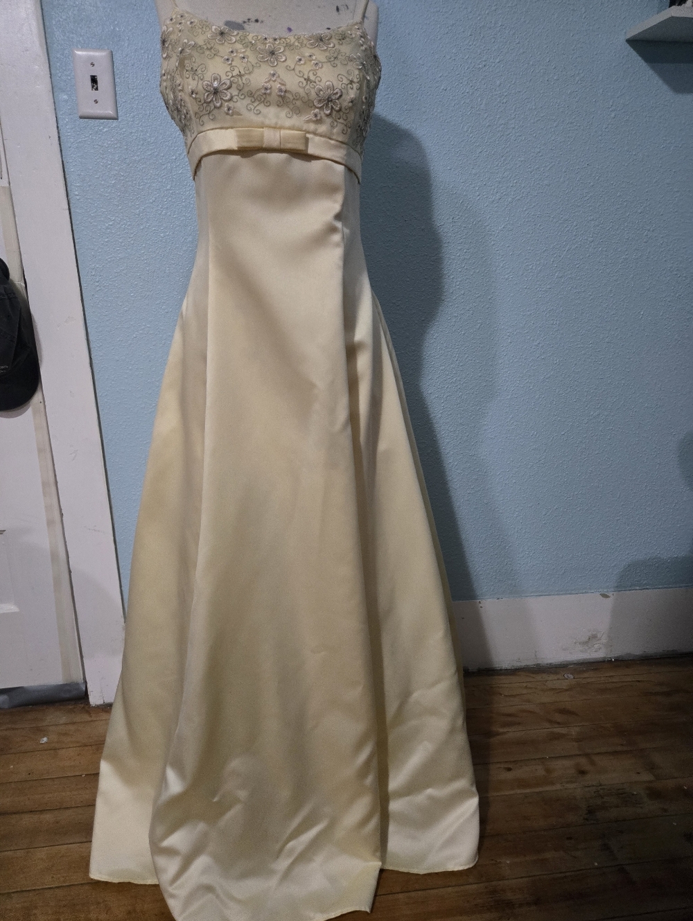 Ivory Satin Formal Gown with Beaded Bodice